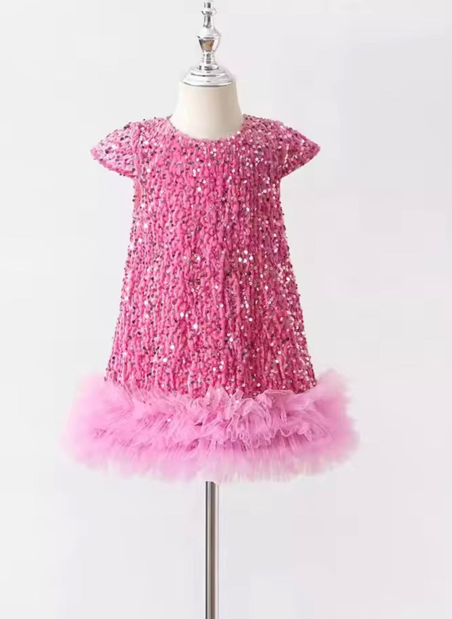 Merin Collection – Baby Pink Sequin Tulle Party Dress Short Sleeve