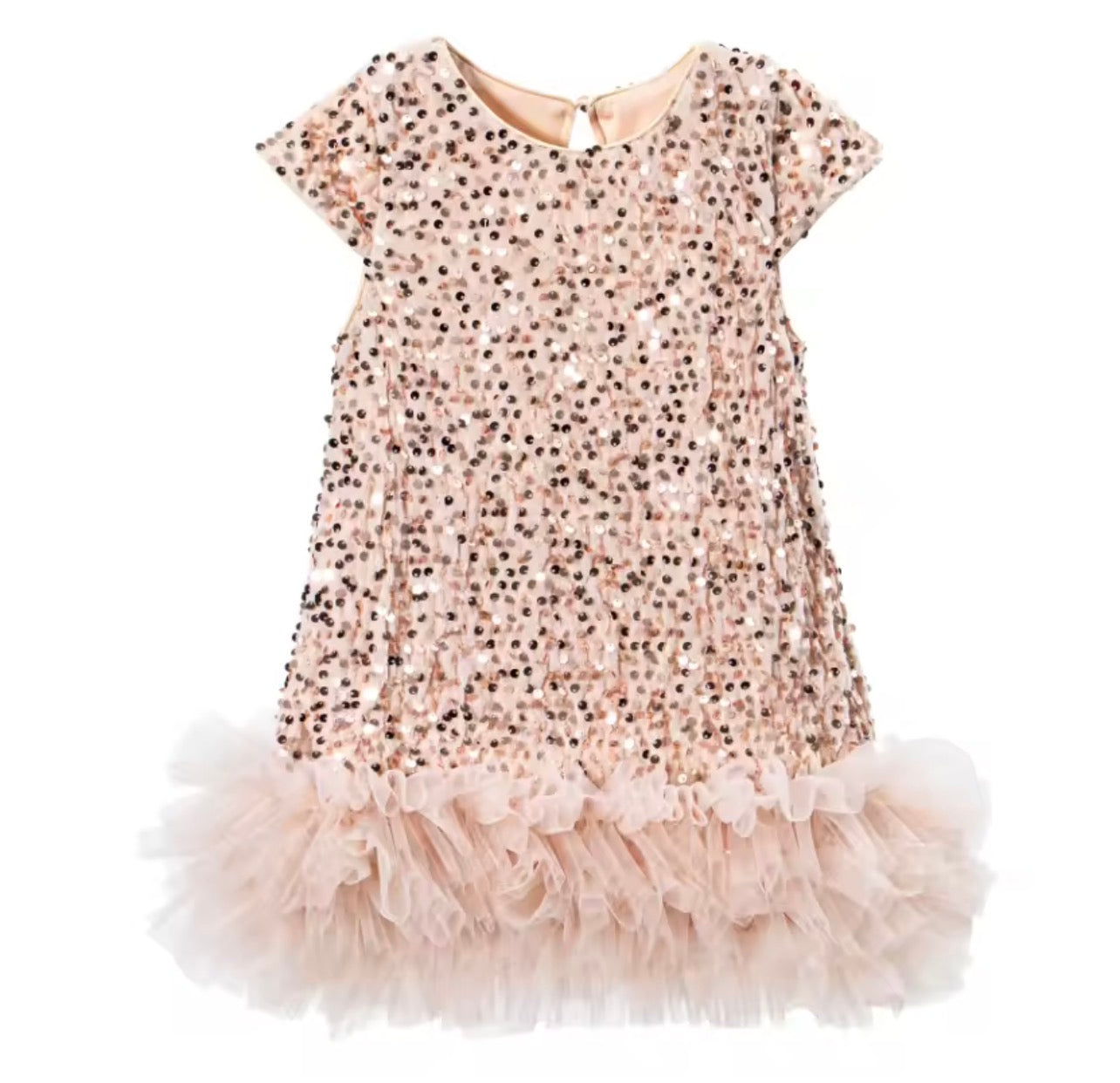 Merin Collection – Champagne Sequin Tulle Party Dress Short Sleeve