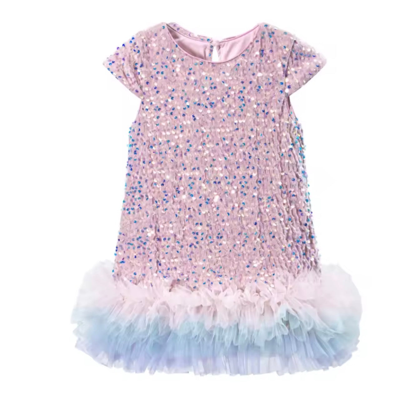 Merin Collection – Blush Sequin Tulle Party Dress with Blue Ombre Hem Short Sleeve