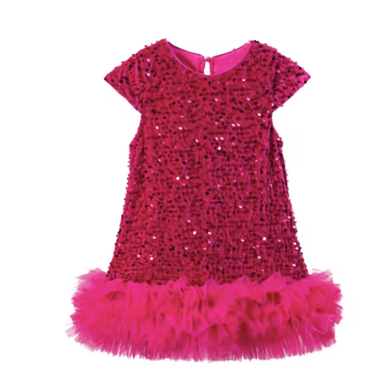 Merin Collection – Hot Pink Sequin Tulle Party Dress Short Sleeve