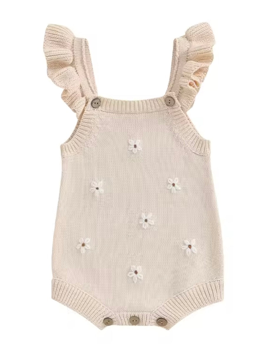 Nara Floral Knit Romper with Ruffle Sleeve - Beige