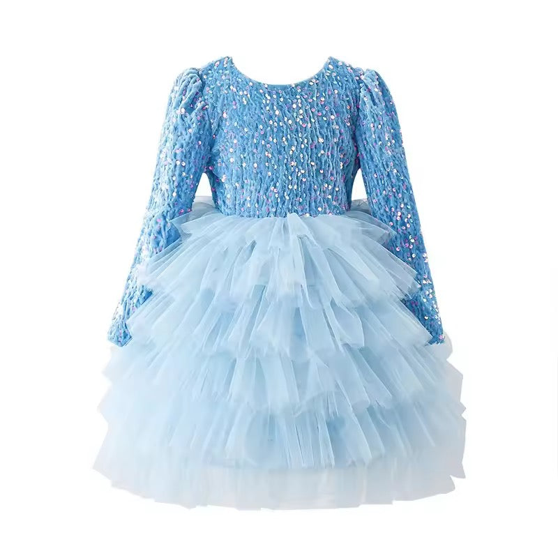 Merin Collection – Blue Sequin Tulle Party Dress Long Sleeve